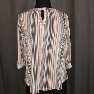 CURE loose fit Striped Keyhole Neck 3/4 Roll tab Sleeve Top Shirt Blouse L
